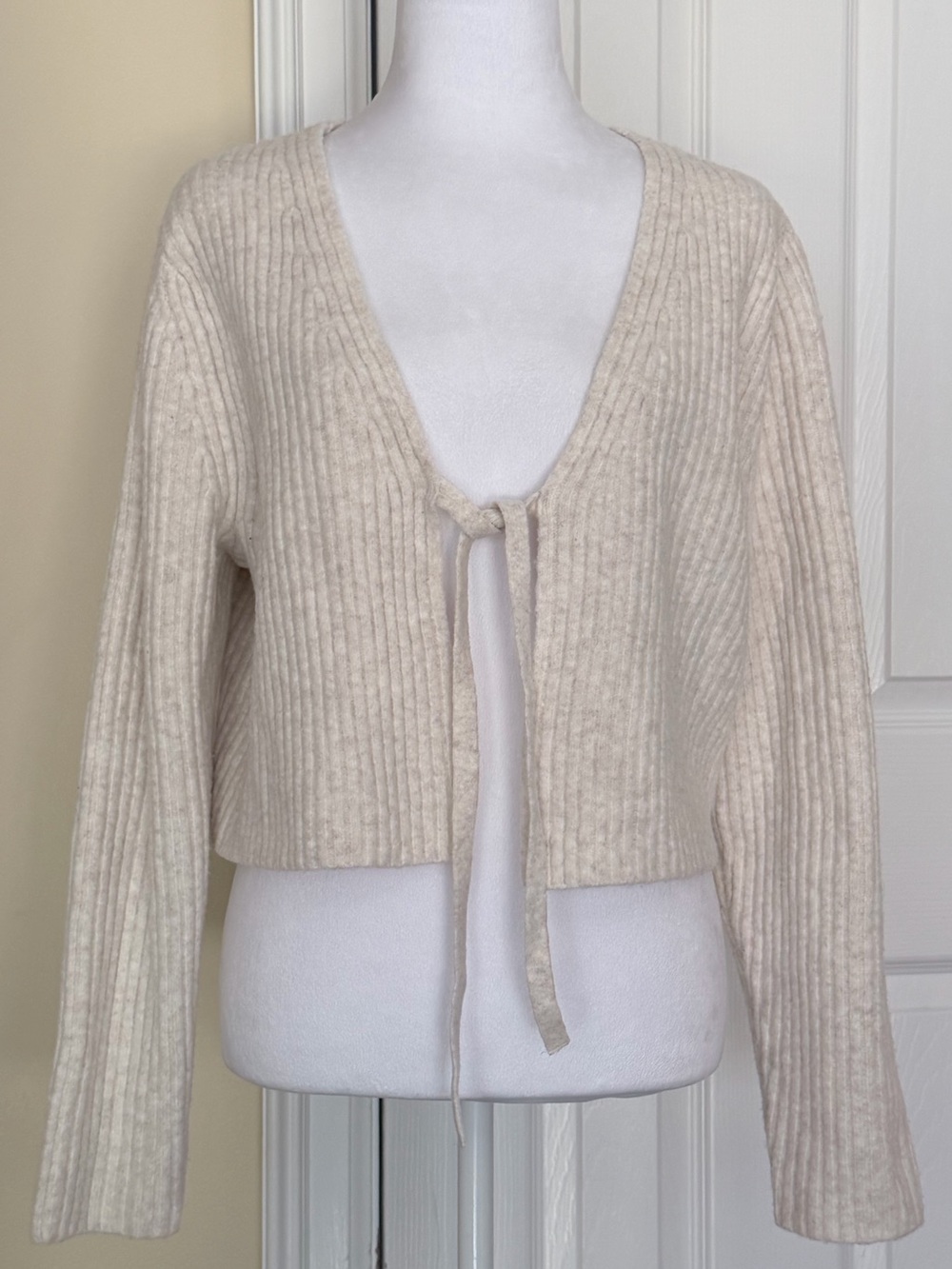 AVA & VIV Cream Ribbed Tie Front Cardigan Sweater Lightweight Knit Cottagecore